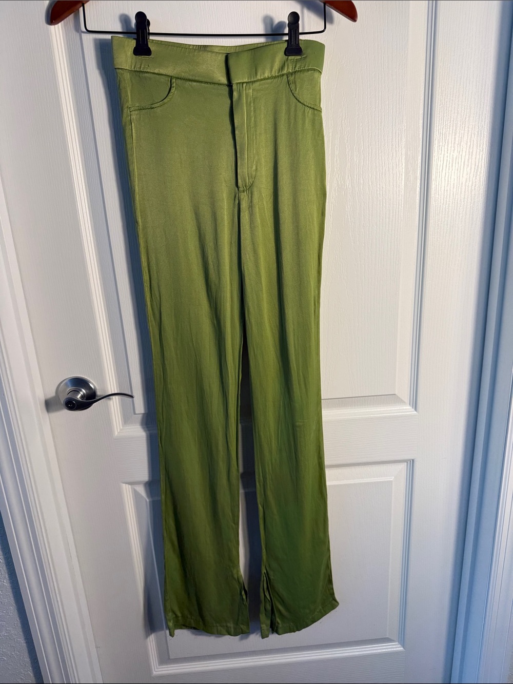 Zara Olive Green Stretch Silky PantsSize XS Faux Pockets Inseam 32”